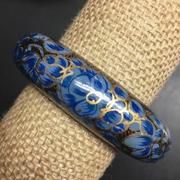 Bangle Bracelet Black Blue Gold As Is Flower Hand Painted Retro BoHo Soft Girl - Picture 3 of 5